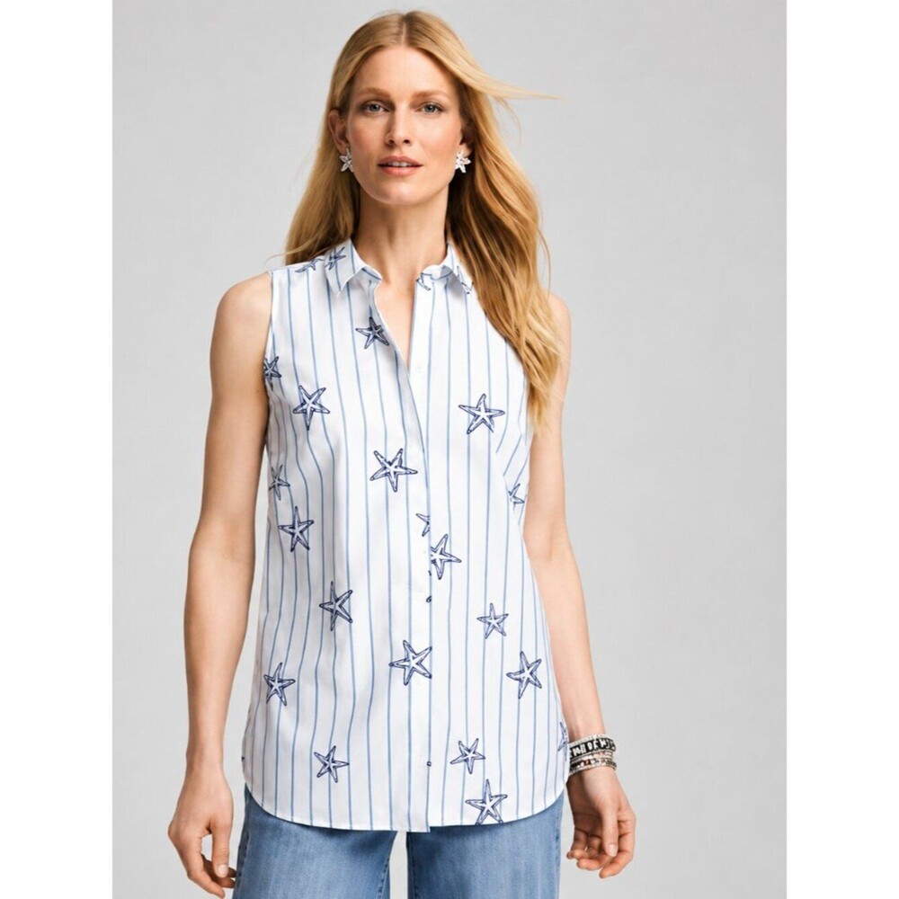 Chico's No Iron™ Stretch Cotton Starfish Striped Shirt Size 0.5 (US 6)